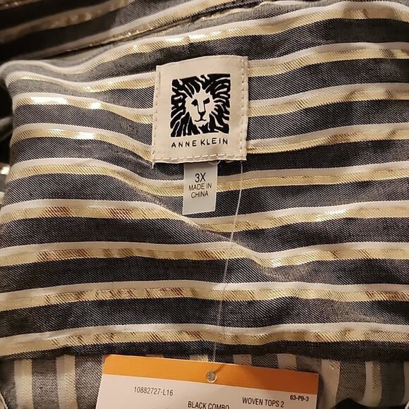 ANNE KLEIN Zip Up Blouse Metallic Gold Gray Stripe Shirt Blouse Plus Size 3X New - Picture 9 of 11